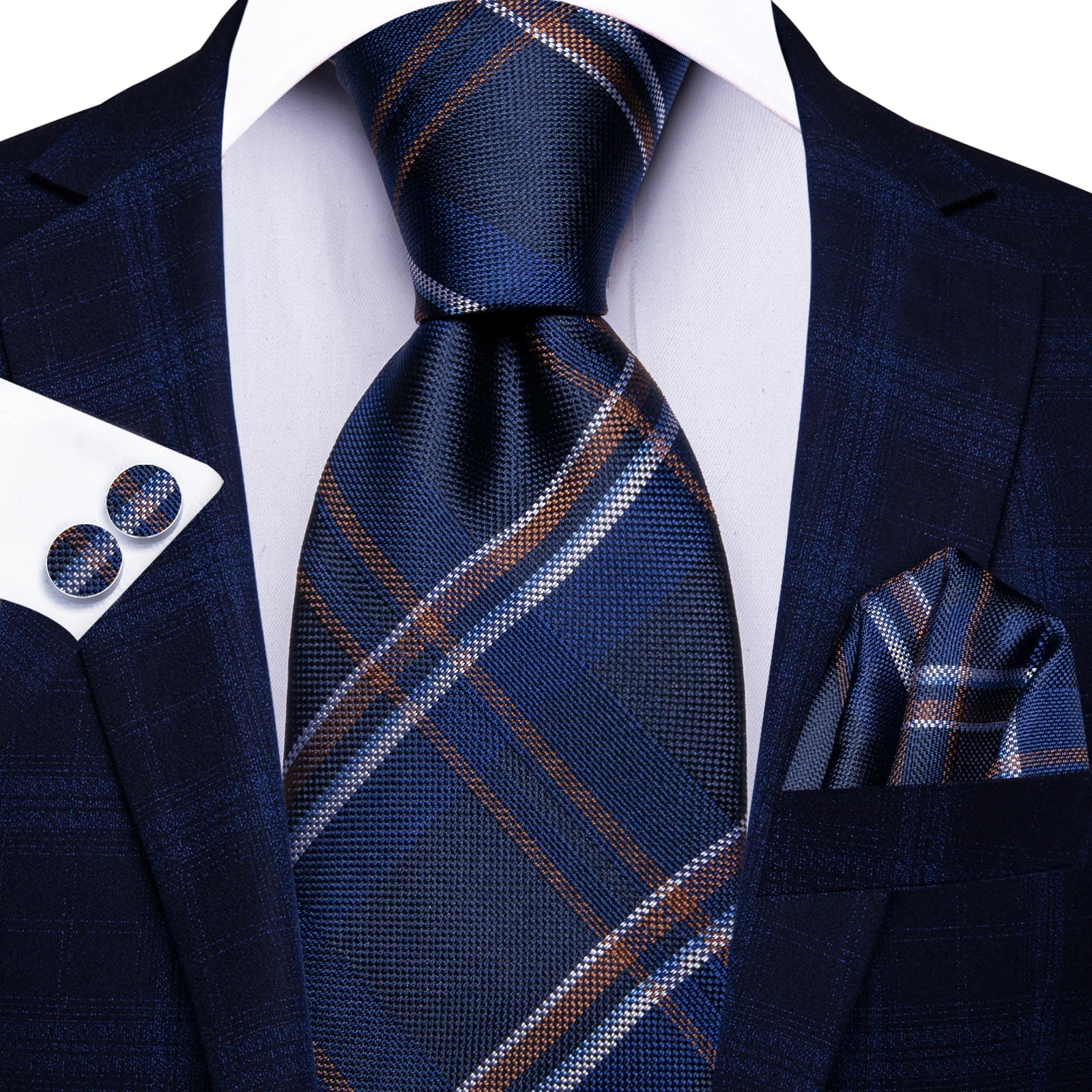 Hi-tie Mens Tie Blue Checks Plaids Silk Wedding Men Fashion Design Qme HT-N-0135