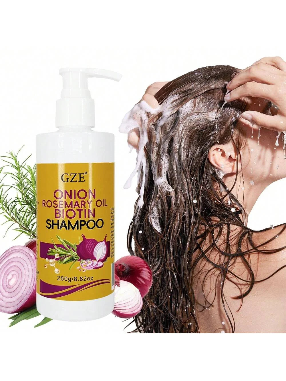 GZE Nourishing Onion & Biotin Shampoo with Rosemary Oil - For Strengthened, Silky Hair, Frizz Control & Scalp Care Qme