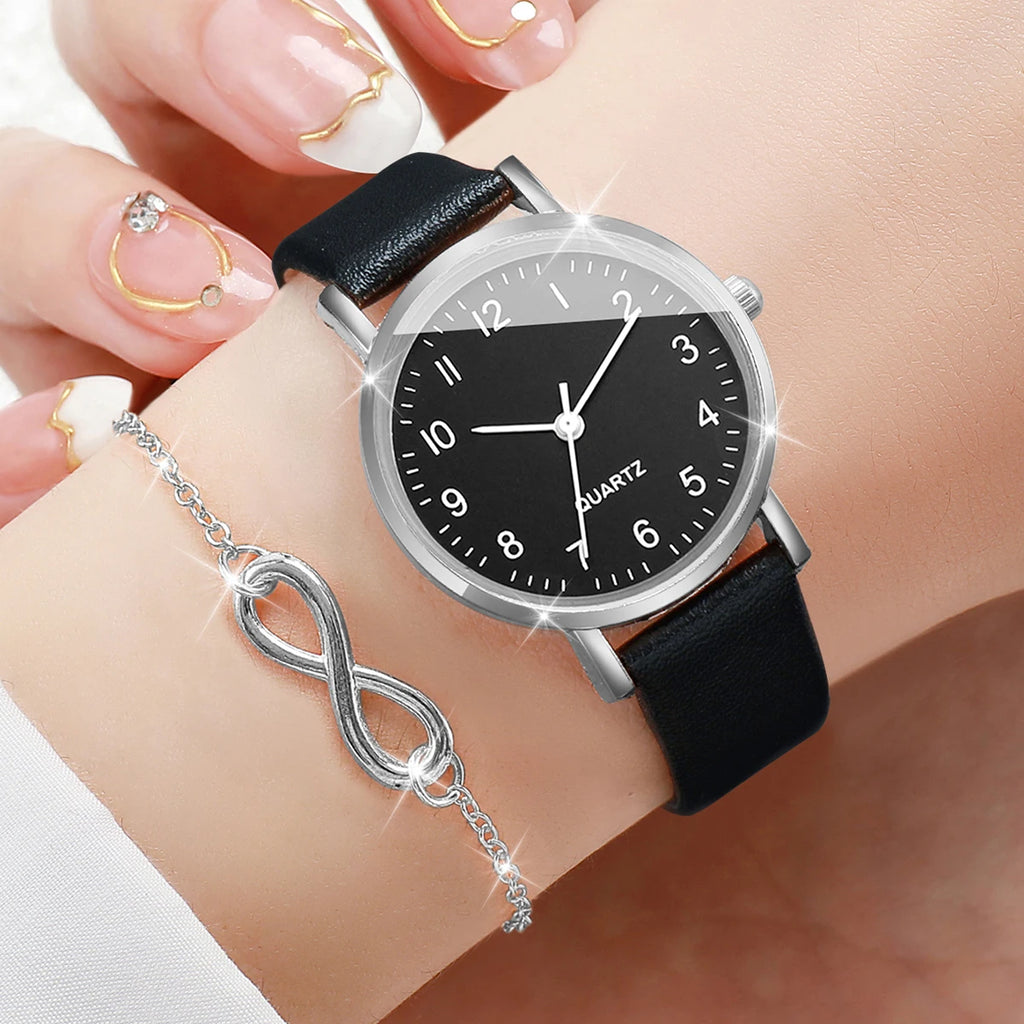 Pequeno relógio de quartzo árabe para mulheres, pulseira de couro, pulseira, casual, moda, sem caixa, 8 peças, conjunto Qme
