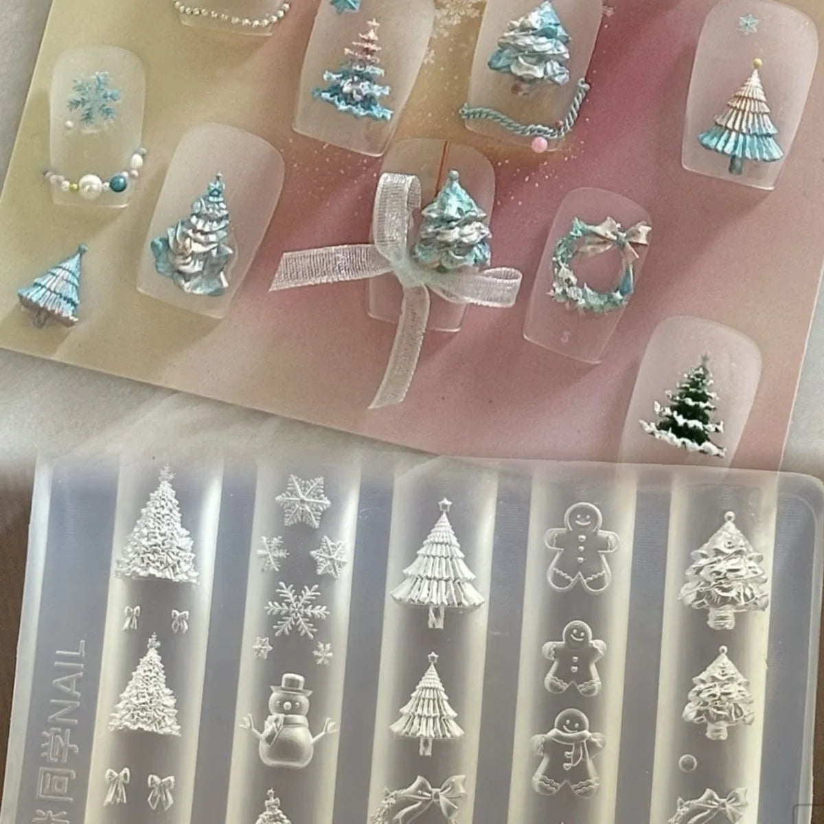 3D Silicone Nail Mold Snowman Gingerbread Man Transparent Template Qme