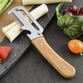 Multi-Functional Kitchen Vegetable Peeler - Stainless Steel with Natural Wooden Handle & Integrated Bottle Opener Tool Qme Beige