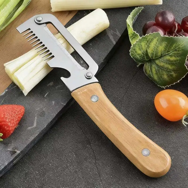 Multi-Functional Kitchen Vegetable Peeler - Stainless Steel with Natural Wooden Handle & Integrated Bottle Opener Tool Qme Beige