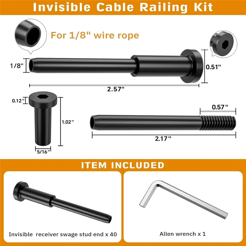 A02F-T316 Stainless Steel Invisible Receiver Swage Stud End Cable Railing Kits-40 Pack 1/8" For 2" X 2" Wood/Metal Post Qme