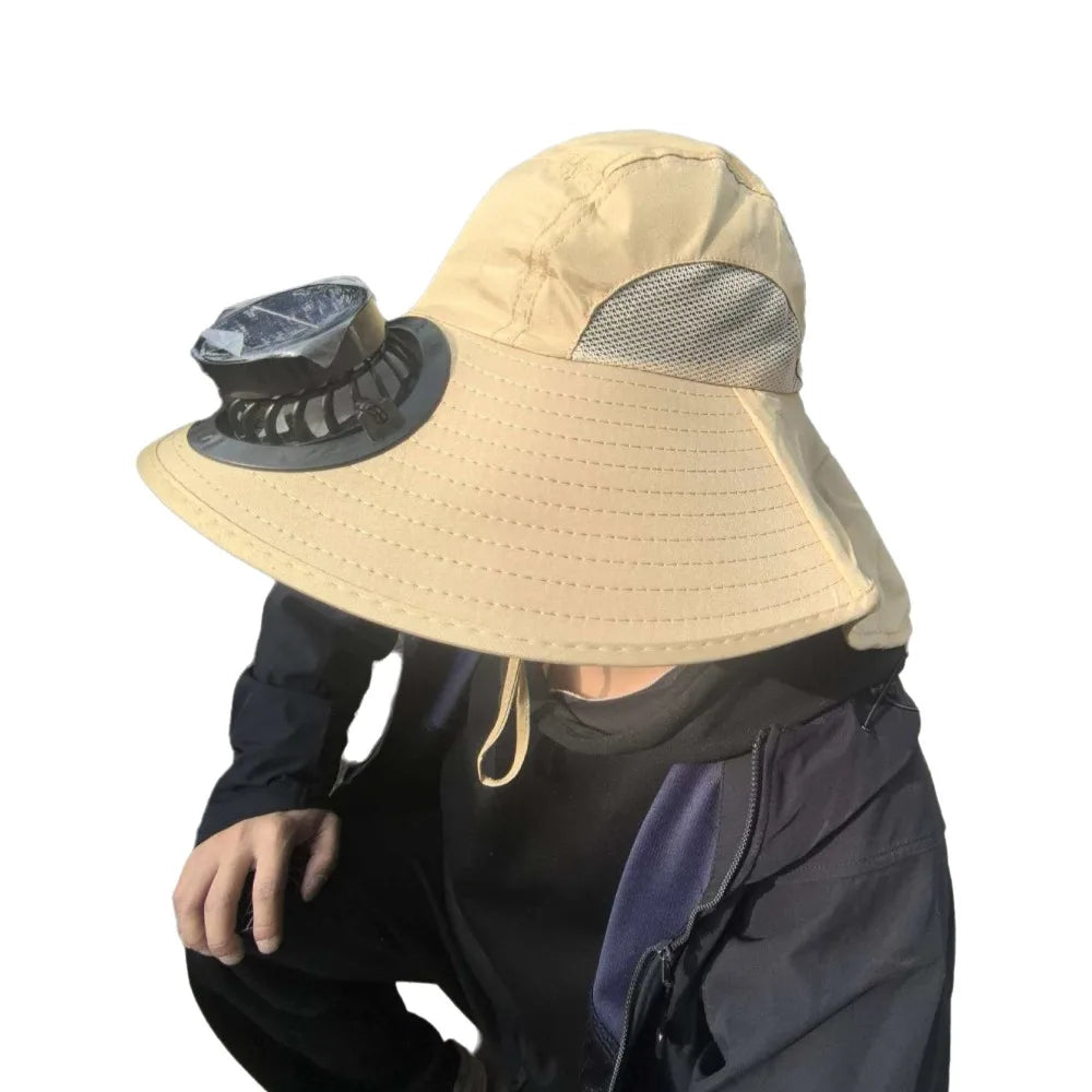 Breathable Solar Fan Hat Strong Wind Wide Brim Sun Hat with Fan with Shawl UV Protection Summer Fan Visor Cap Hot Weather Qme Khaki Round