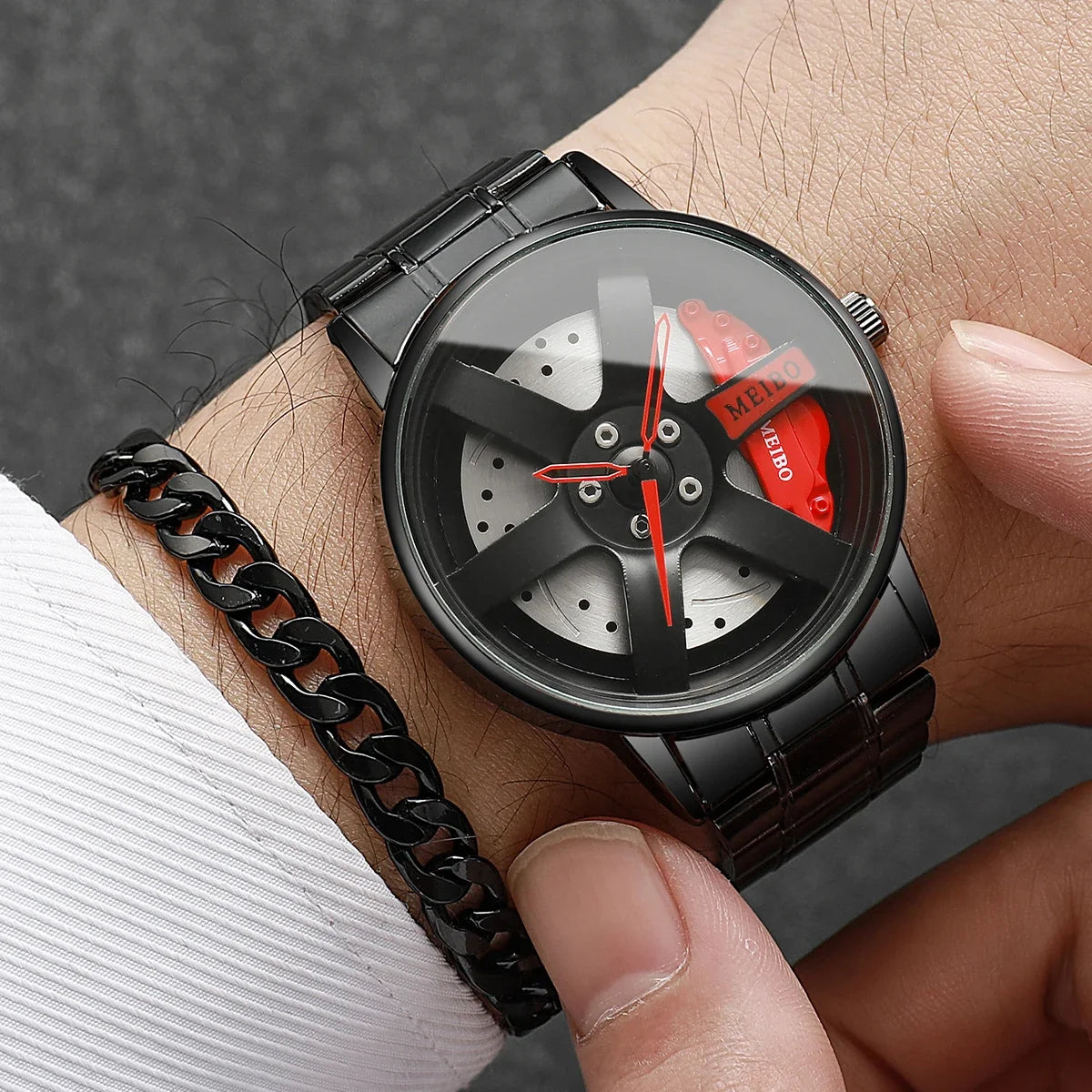 2pcs men's fashion sports watch 3D wheel strap with stainless steel men's watch quartz watch strap set (no box) Qme