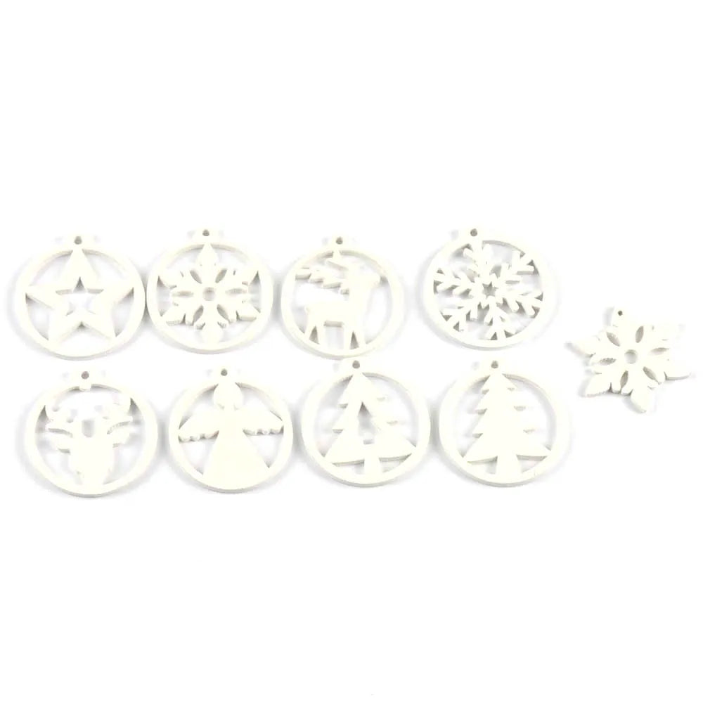 30Pcs Christmas Round White Snowflake Tree Angel Wooden Pendant Hanging Oranments DIY Handmade Supplies Xmas Home Party Decor Qme