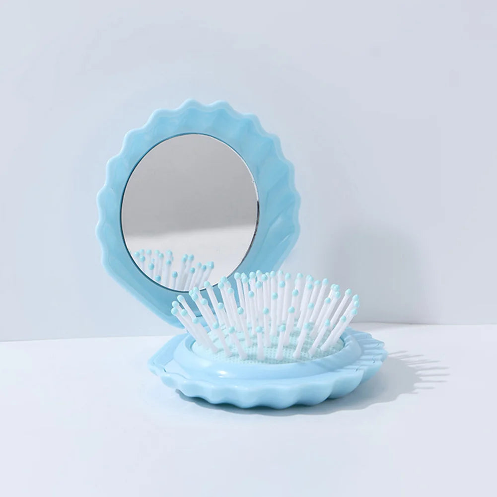 Foldable Shell Shape Comb Travel Hair Brush with Mirror Folding Pocket Hair Brush Portable Mini Hair Comb Hair Styling Tools Qme