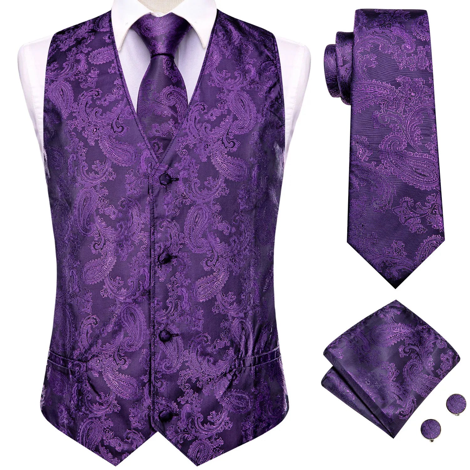 Hi-tie Silk Mens Suit Vests Woven Black Paisley Waistcoat Tie Pocket Qme