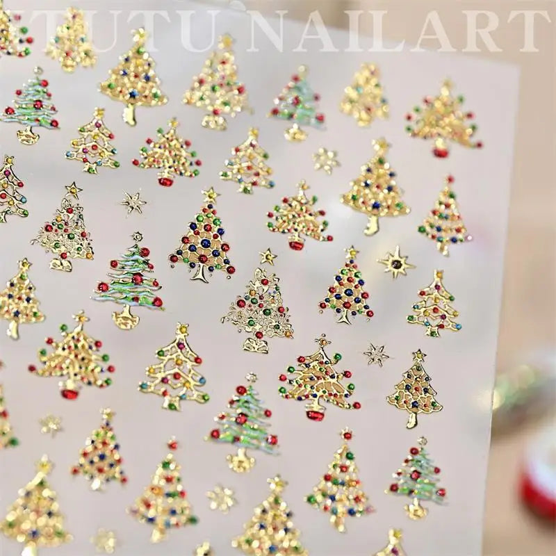Cute Christmas Crystal Ball Colored Lights Tree Nail Art Print Qme Gold