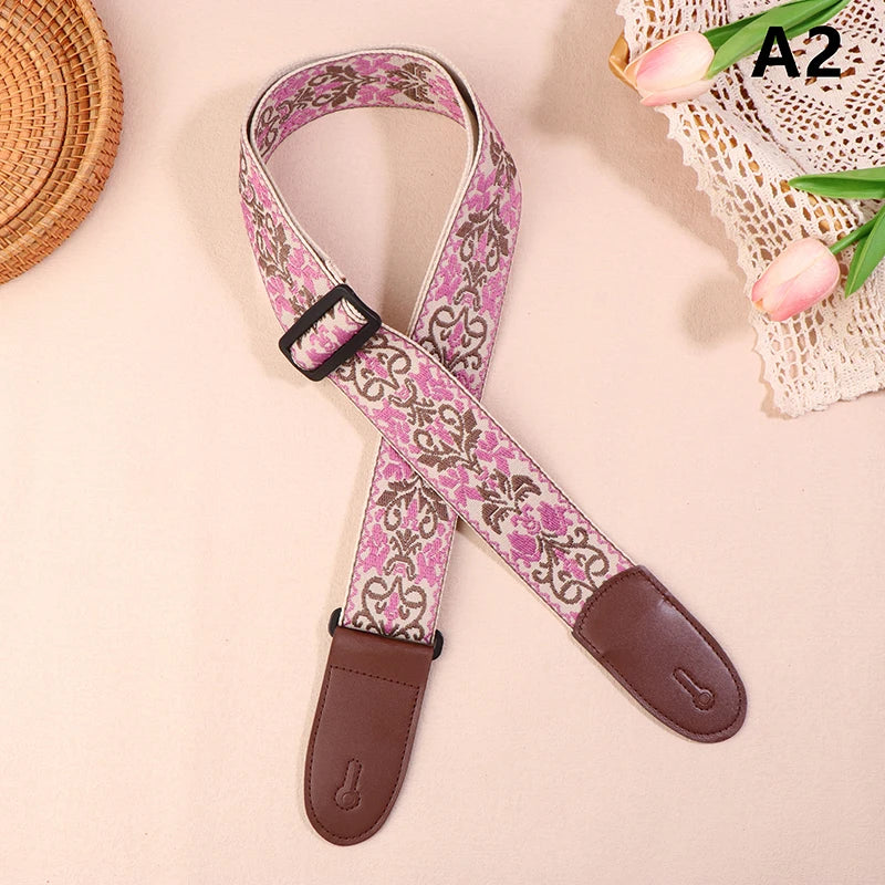 Guitar Strap Bass Cotton Leather Embroidery Straps Adjustable Neck Qme A2