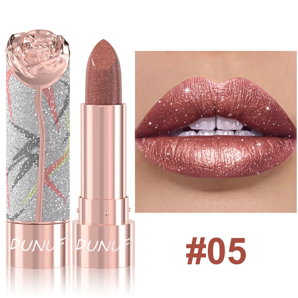 Rose Floral Diamond Lipstick Pearlescent Shimmer 3D Metallic Matte Smooth Creamy Sparkling Lipstick For Daily Party Makeup Qme 05