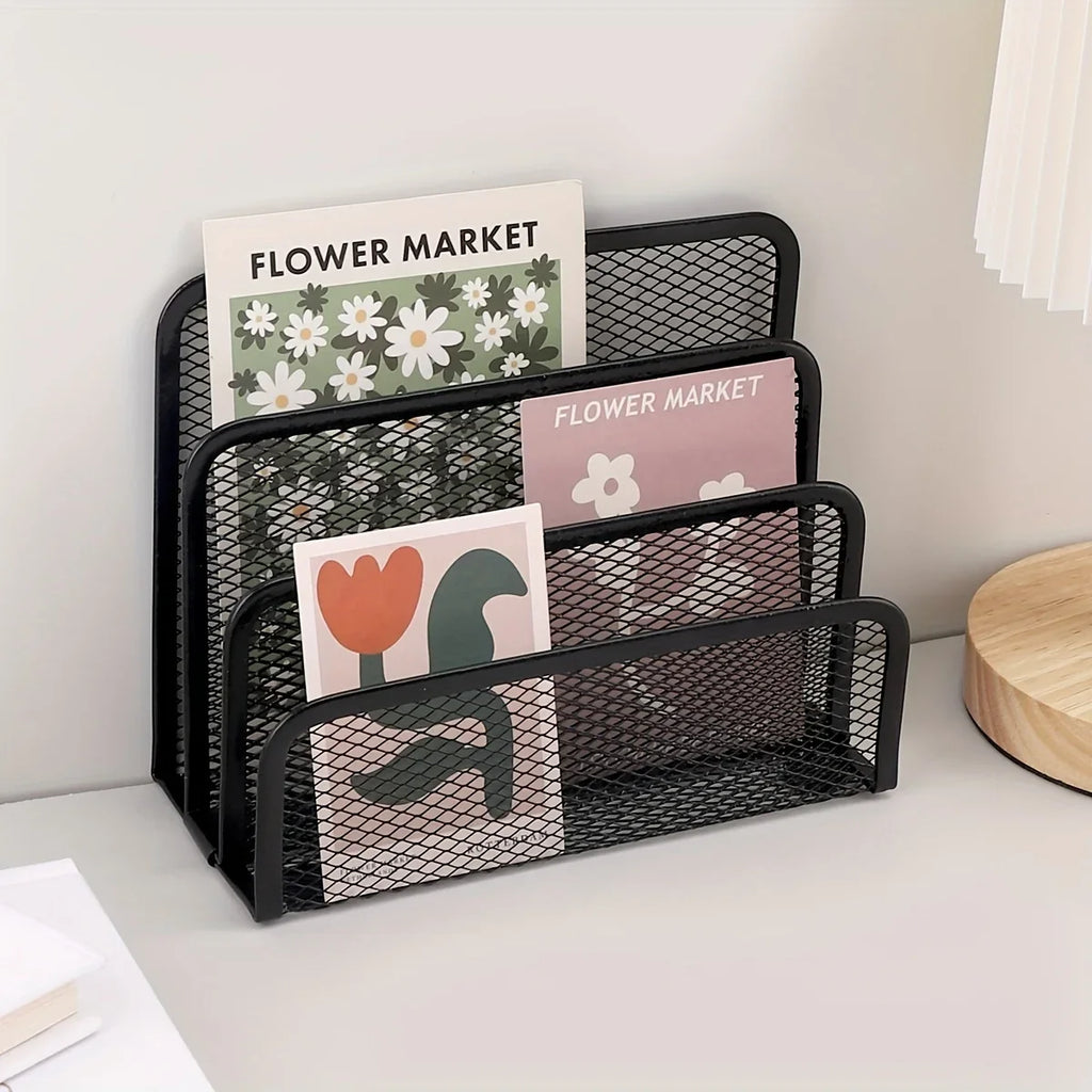 Multifunctional Office Desk Organizer Set - Metal Mesh File Rack, Letter Holder, Multi-Tier Bookshelf, Envelope and Card Stand Qme