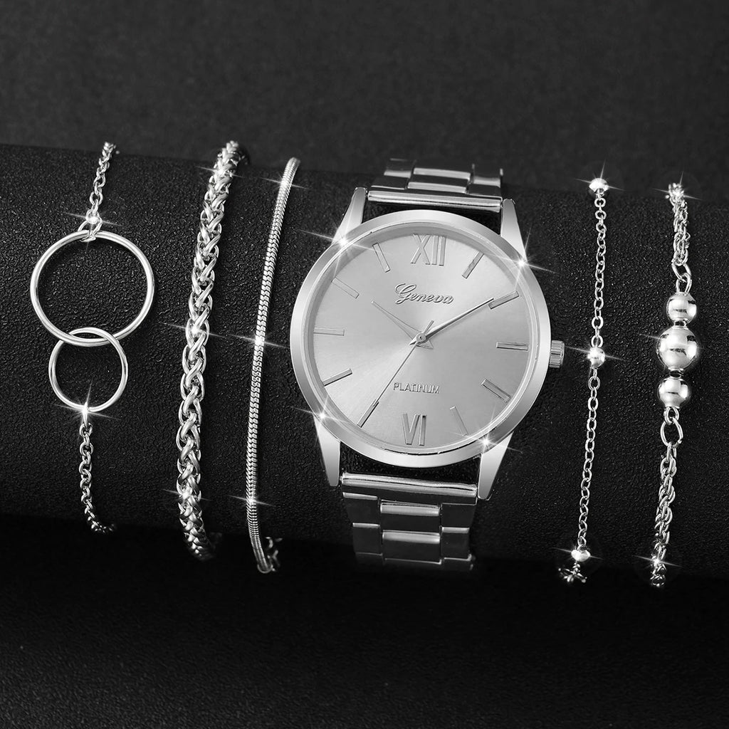 6 Pçs/set Moda Roma Dial Mulheres Relógio de Quartzo Banda de Liga de Prata Feminino Relógios de Pulso Pulseiras Conjunto Qme
