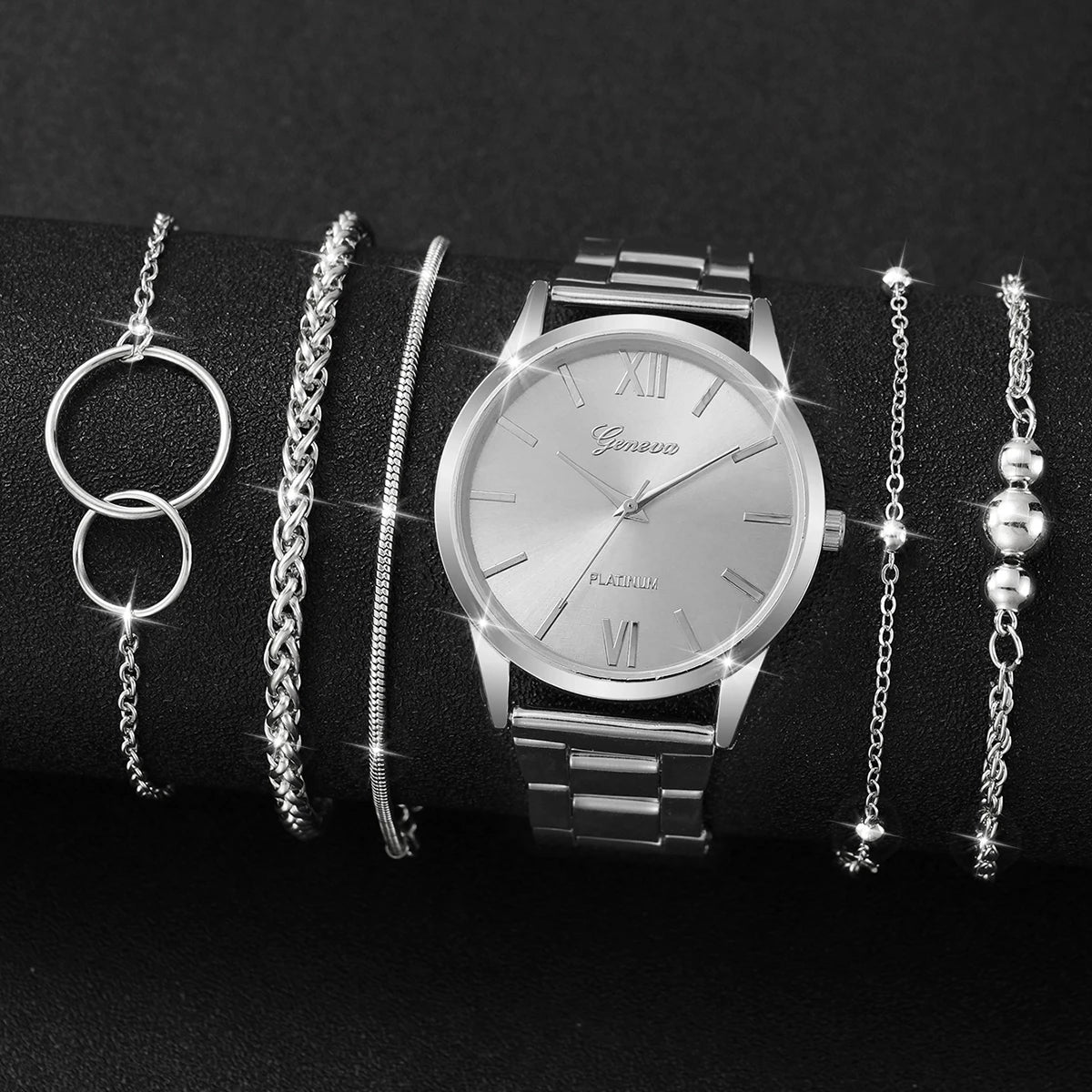 6 Pçs/set Moda Roma Dial Mulheres Relógio de Quartzo Banda de Liga de Prata Feminino Relógios de Pulso Pulseiras Conjunto Qme