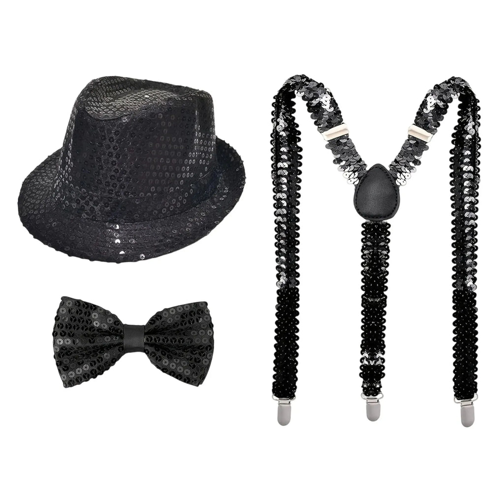 Performance Props Set with Sequined Hat Tie Gloves and Suspenders Party Wedding Boy Men Christmas Decor Carnival Ball Party Prop Qme