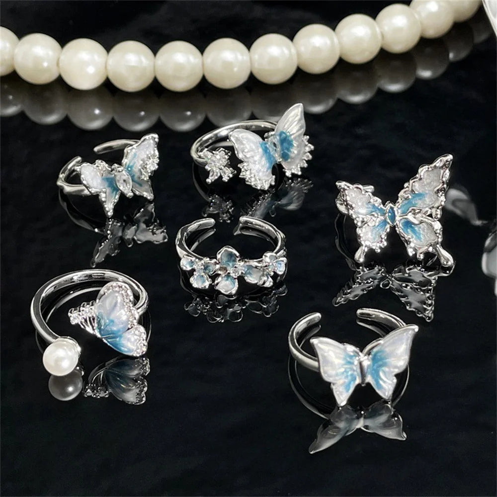 Exquisite Ice Blue Butterfly Open Ring, Fashionable Women's Simple Style Jewelry Party Cocktail Party Accessories Qme