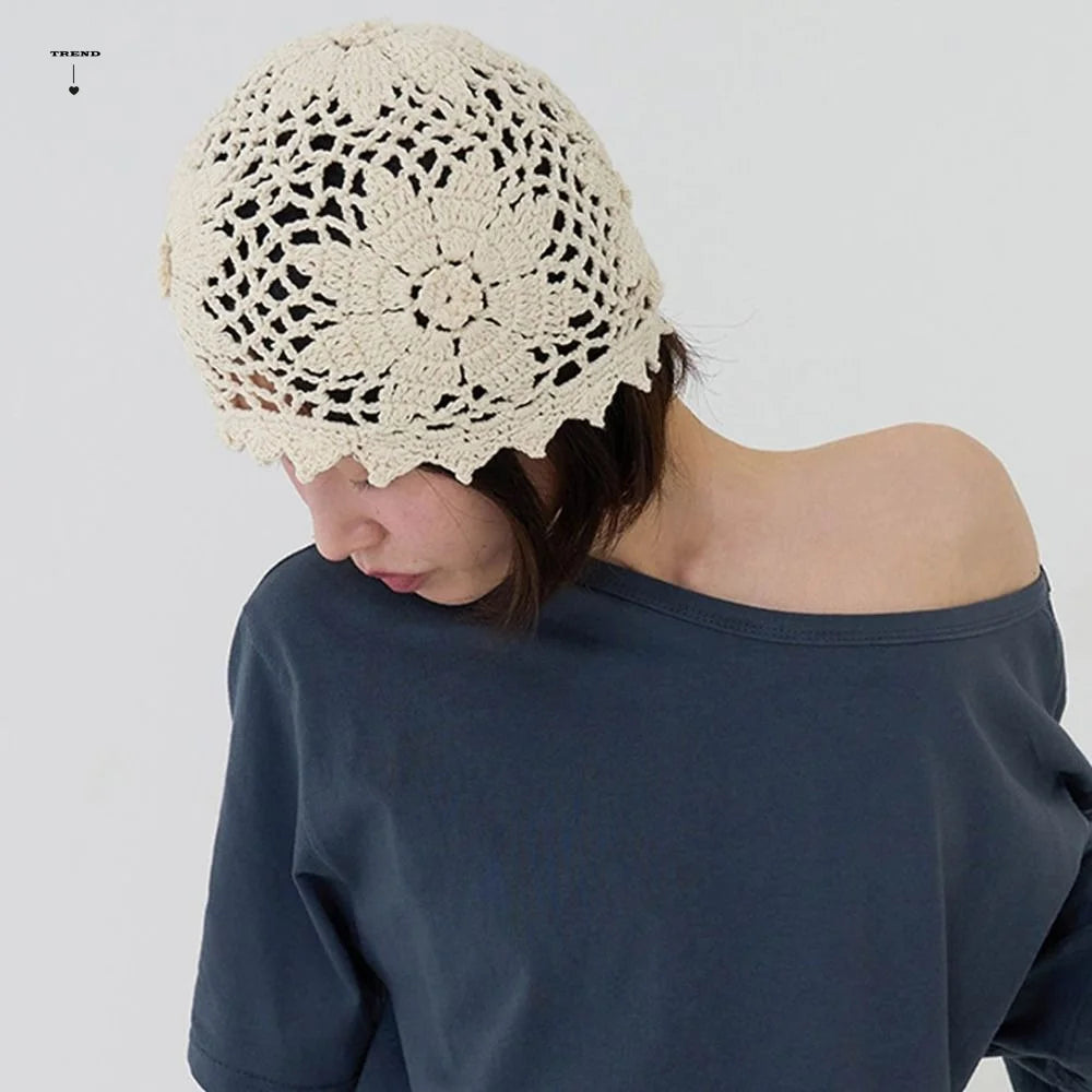 Handmade Crochet Flower Hat Bohemian Style Thin Hollow Out Knitted Hat Ethnic Style Korean Beanies Hat Apparel Accessories Qme