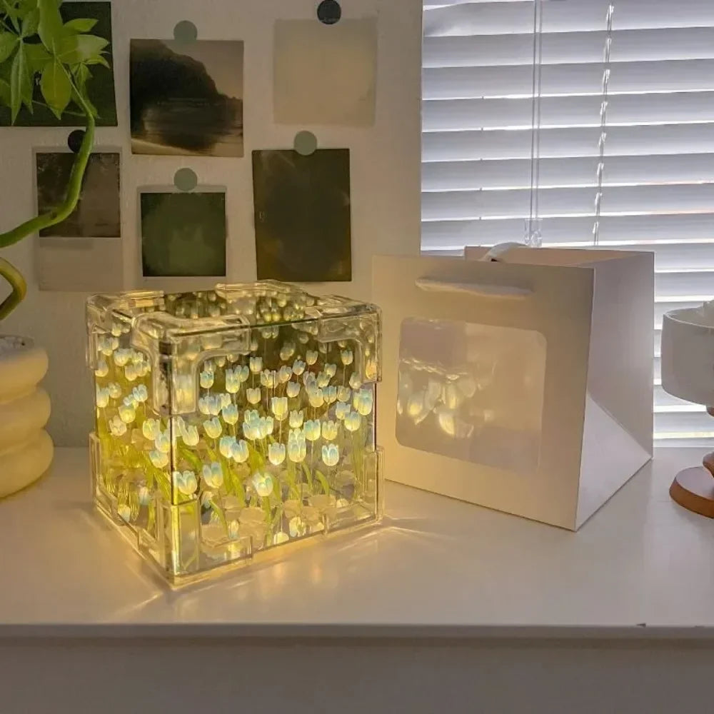 DIY Tulip Sea Mirror Night Light Car Decoration Materials Handmade Qme