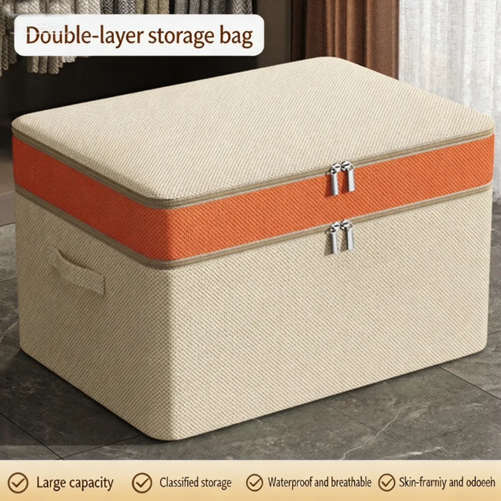 Double-Layer Splicing PU Clothes Storage Box, Large Capacity Quilt & Blanket Organizer for Home Wardrobe Layered Seasonal Use Qme