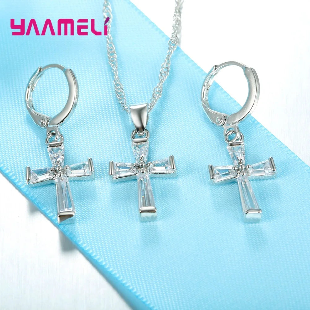 S925 Sterling Silver Color Jewelry Set Trendy Cross Cubic Zircon Necklace Earrings Chain Pendant for Women Nice Gift Qme