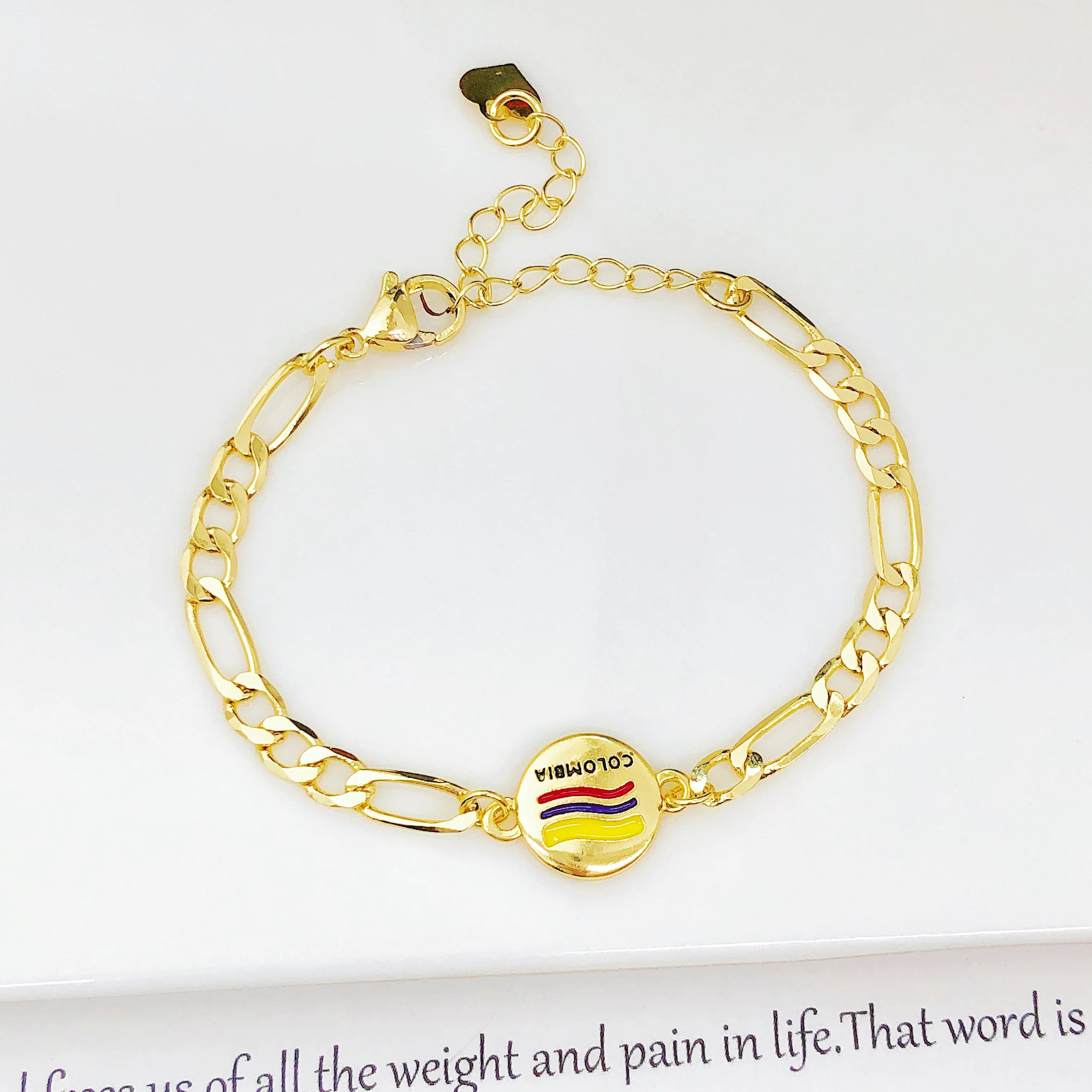 Adjustable Enamel Art Gold Plated Venezuela Colombia Flag Figaro Chain Bracelet for Men Women Holiday Anniversary Jewelry Gift Qme 8