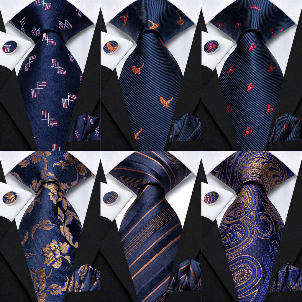Hi-tie Navy Blue Fashion Mens Elegant Tie Handkerchief Cufflinks Qme