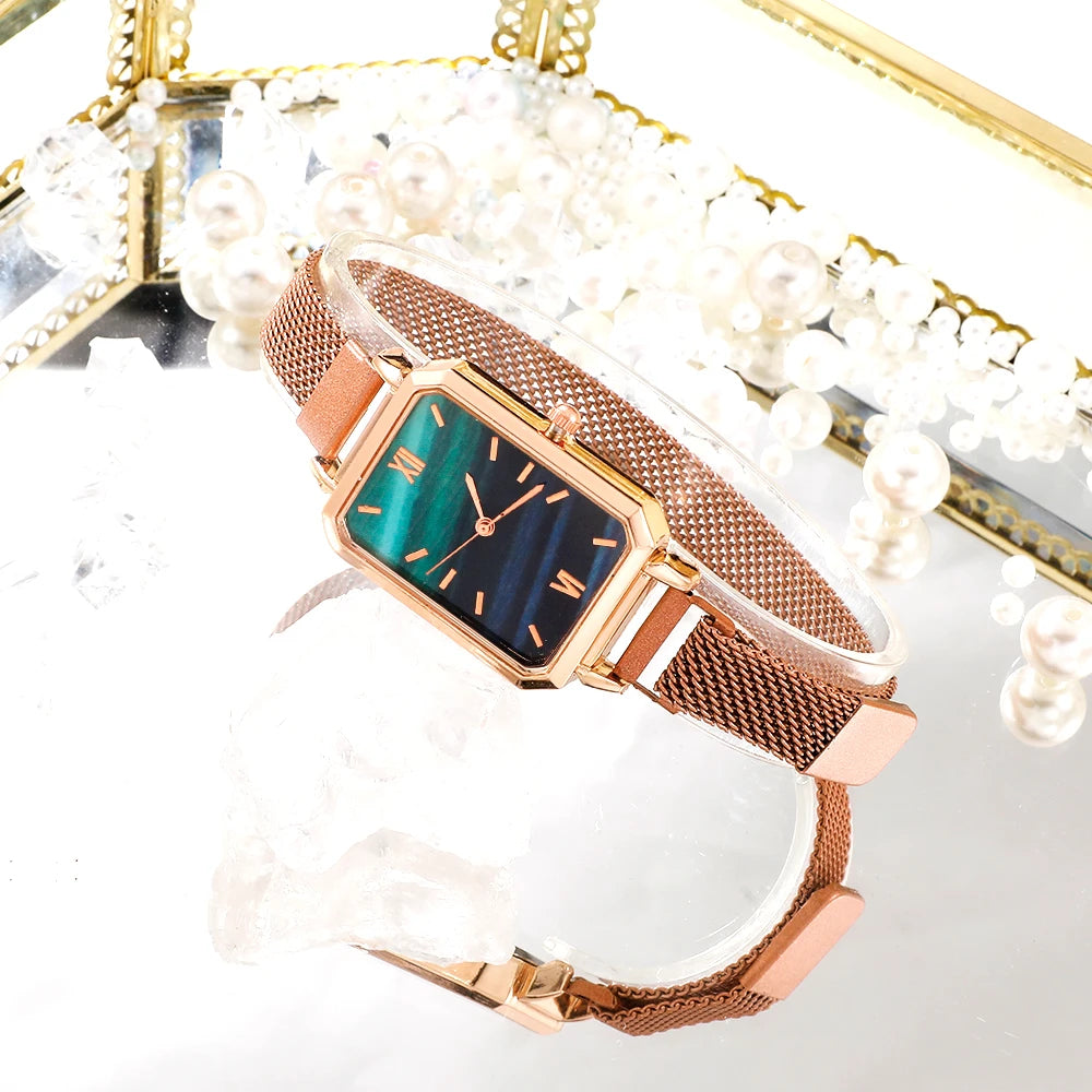 Women Watches Fashion Square Ladies Quartz Watch Bracelet Set Green Dial Simple Rose Gold Mesh Luxury Women Watches Qme