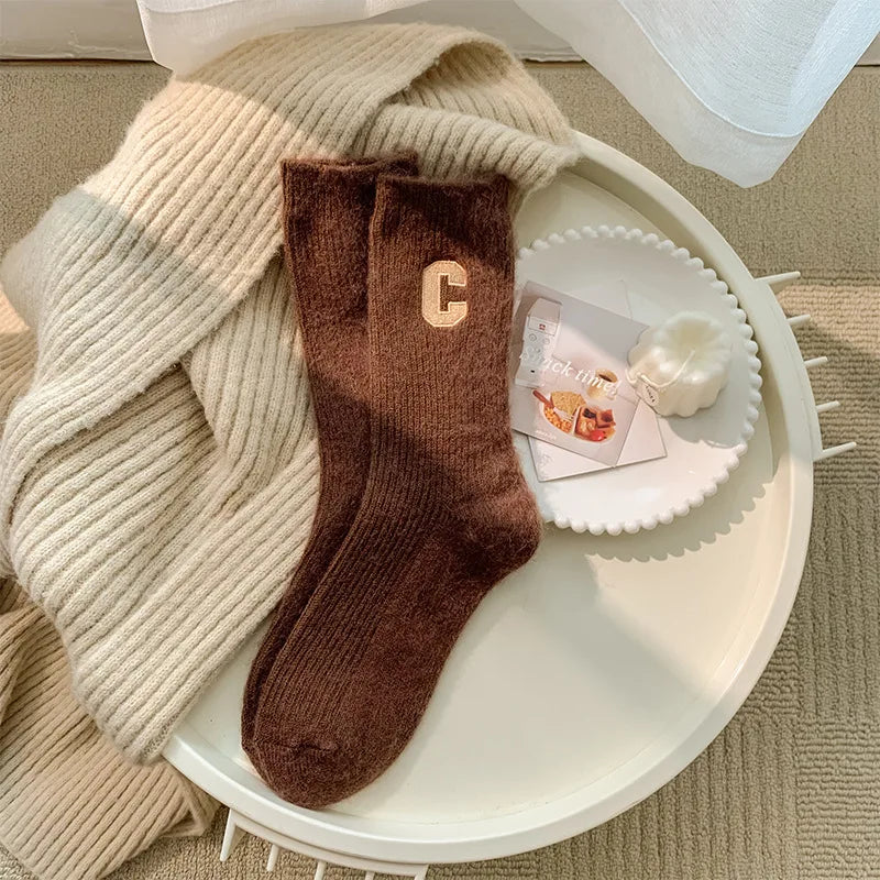 Luxury Women Wool Socks Warm Winter Thick Cashmere Casual Japanese Fashion Solid Color Comfortable Home Sock Long High Quality Qme Coffee One Size