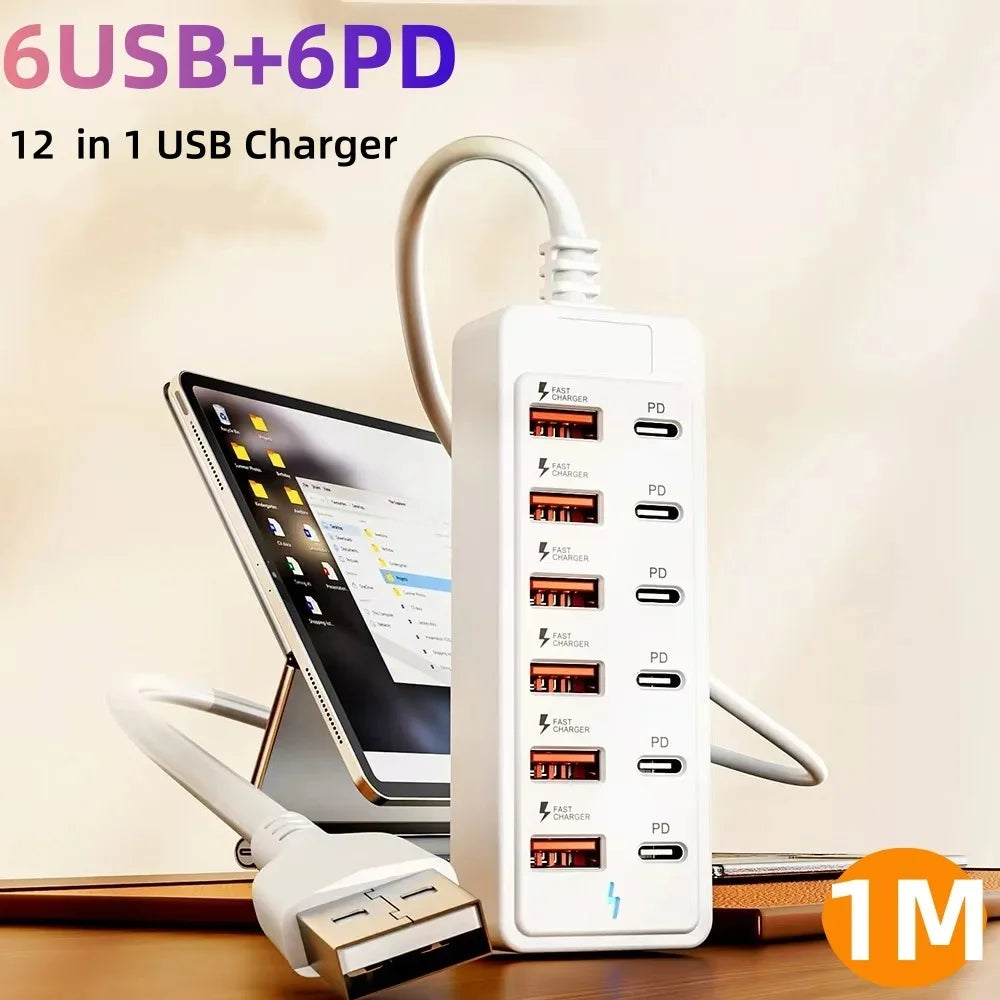 12 in 1 USB Power Strip Multi Ports Desktop Charging Phone Charger Station USB C Electrical Socket Adapter PD Type C HUB Charger Qme