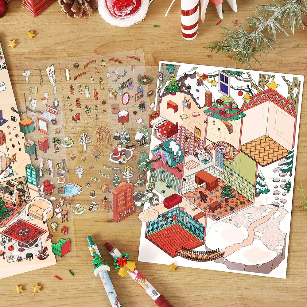 4sheets/bag My Cottage Series Happy Christmas Theme Jumbo 2.5D PET Diorama Stickers for Scrapbooking DIY Frame Collage Qme