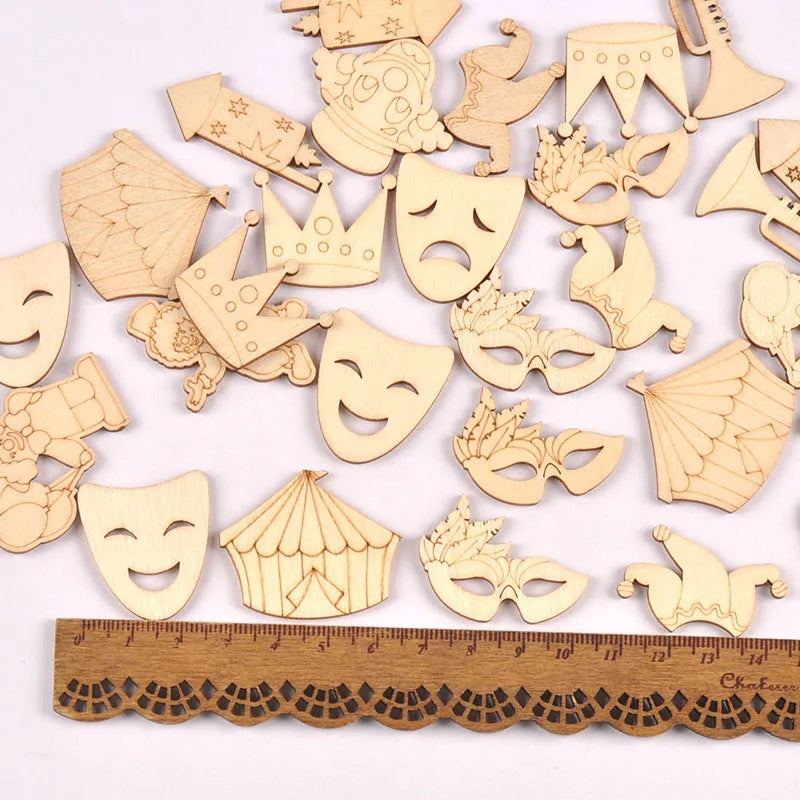 30Pcs 16-38mm Creative Wooden Pieces Carnival Circus Clown/Mask/Crown Handmade Supplies Wood Crafts DIY Scrapbooking Home Decor Qme mix 30pcs