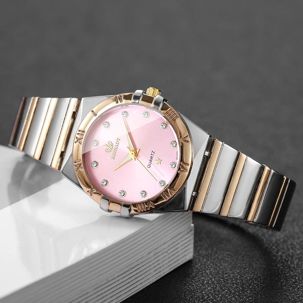 Elegant Ladies Two-Tone Interlocking Metal Strap Watch, Blush Pink Face Crystal Accent Casual Business Quartz Wrist Watch Qme