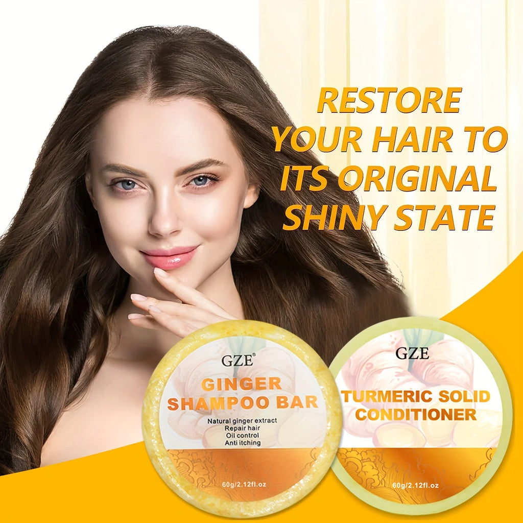 GZE Ginger Shampoo Bar Soap and Turmeric Solid Conditioner Hair Set for Thinning, Lock in Moisture & Shine and Control Frizz. Qme