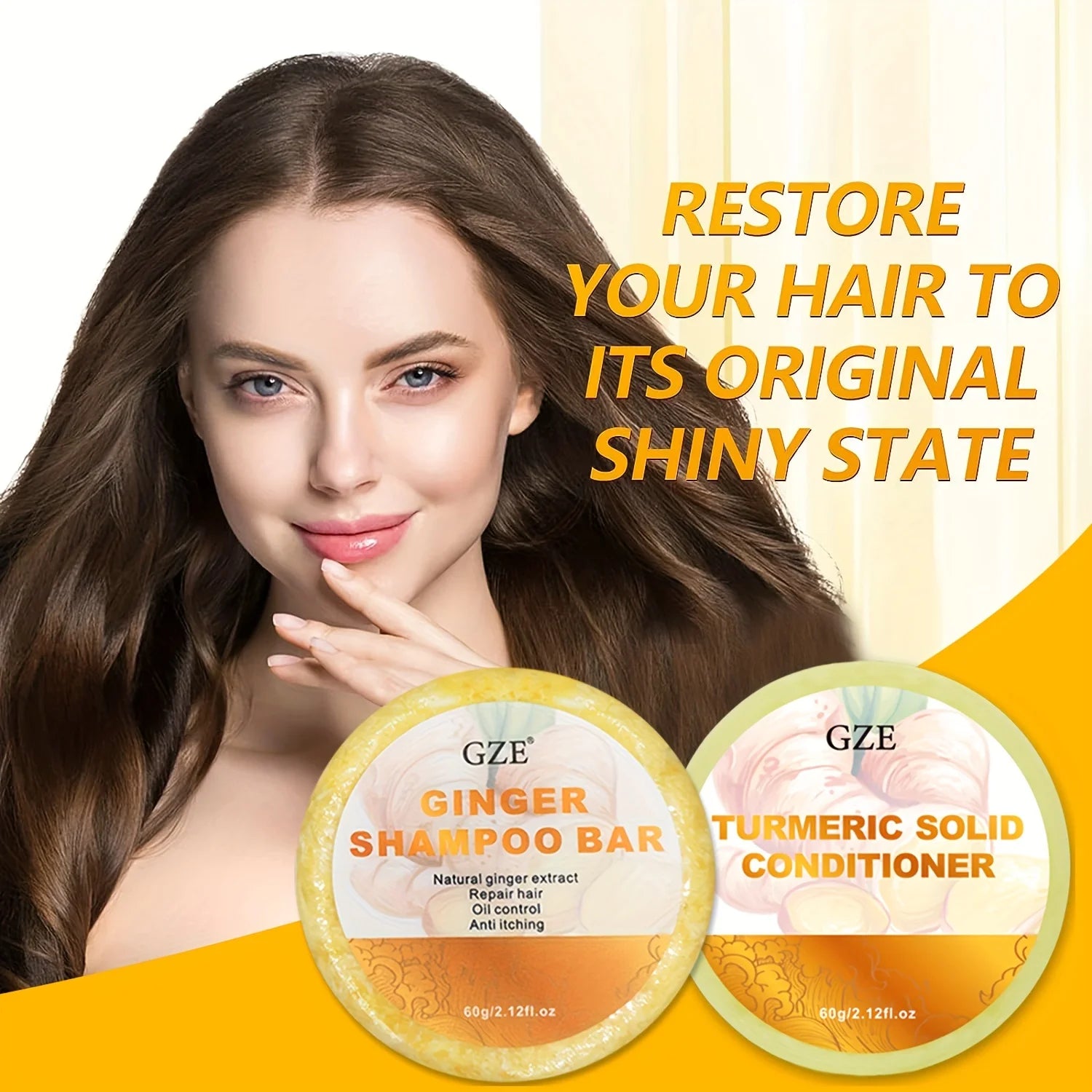 GZE Ginger Shampoo Bar Soap and Turmeric Solid Conditioner Hair Set for Thinning, Lock in Moisture & Shine and Control Frizz. Qme