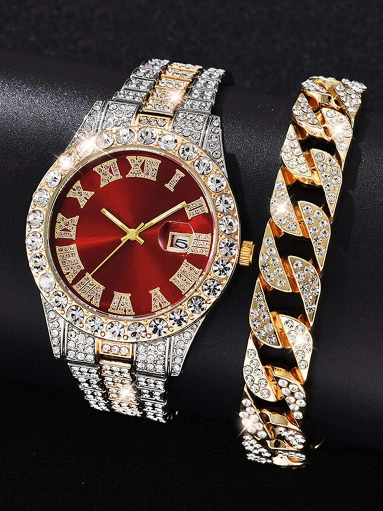 Hip Hop Watch Male Watch Luxury Water Proof Brand Watches Stainless Steel Round Clock Men Quartz Wristwatches Gift Boyfriend Qme red set