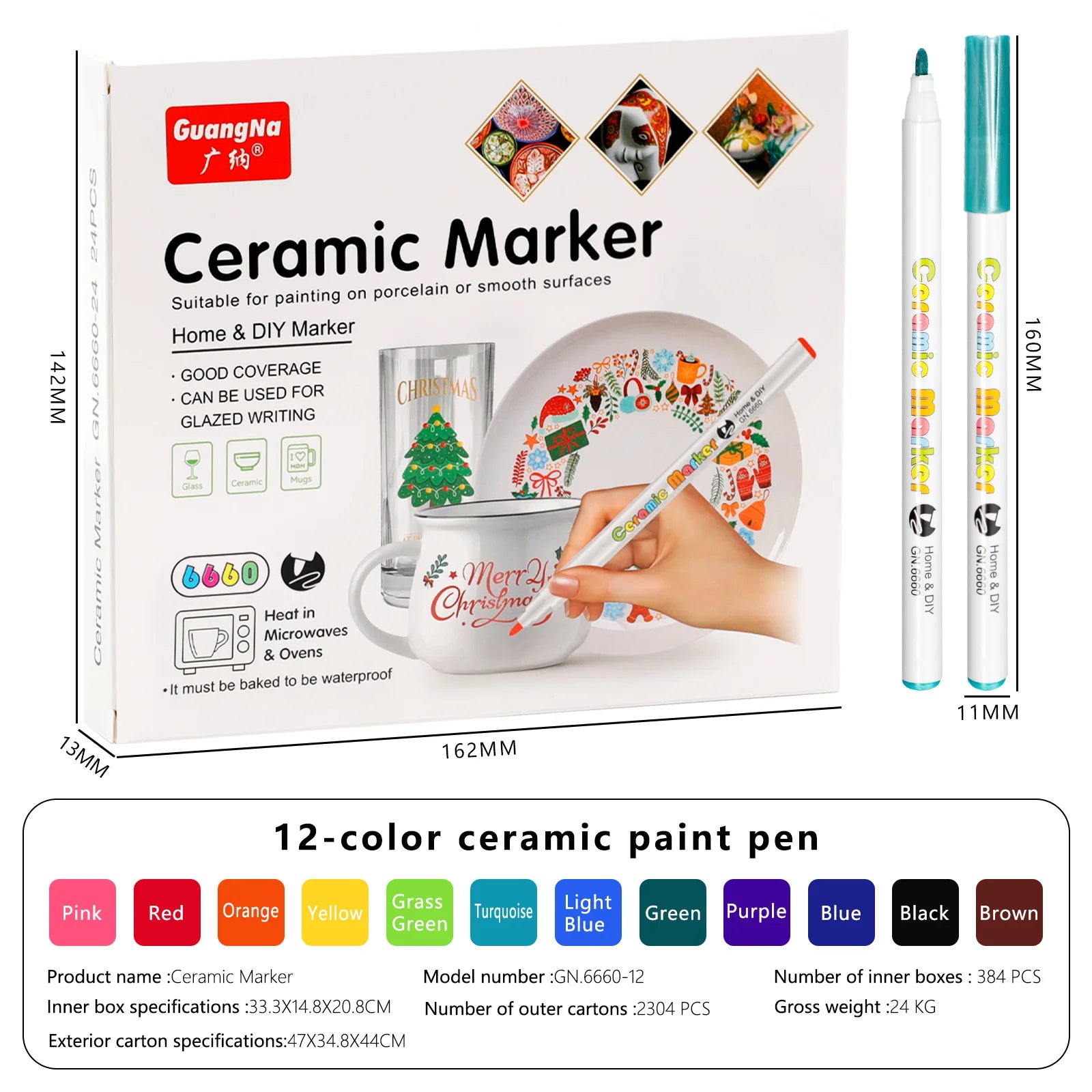 GN 12/24 Colors Ceramic Markers,Non-Toxic Ceramic Paint Pens,DIY Art Marker, for Rock Glass Porcelain Drawing Craft Supplies Qme 12 colors
