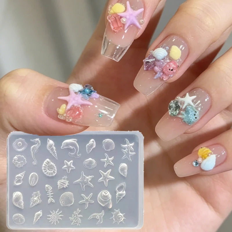3D Seashell Nail Art Mold Silicone DIY Ocean Starfish Conch Dolphin Nail Design Molds High Transparent Nail Art Carving Template Qme