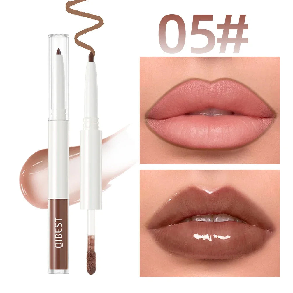 QIBEST Velvet Brown 2 In 1 Lip Liner Pencil Lipgloss Moisturizing Cherry Red Lip Liner Lip Contour Pen Makeup Women Lip Glaze Qme 05