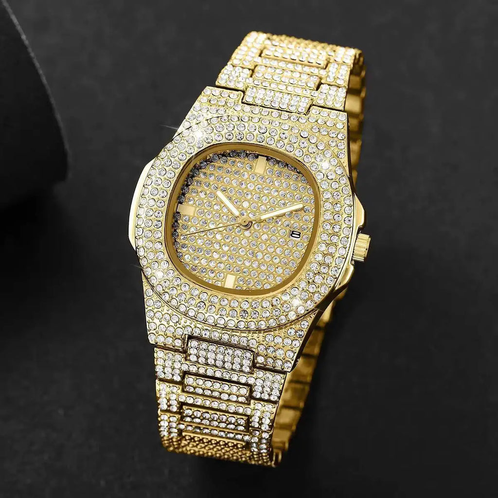 2PCS Fashion Hip Pop Men Calendar Watches Luxury Full Diamond Quartz Wristwatch Jewelry Set for Mens Clock Qme