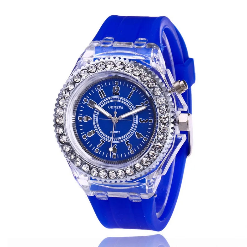 led Flash Luminous Watch Personality trends students lovers jellies woman men's watches 7 color light WristWatch bayan kol saati Qme dark blue