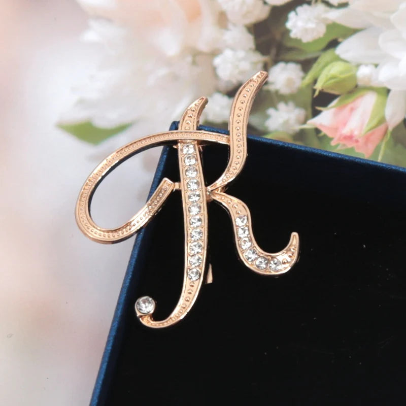 Fashion Women Rhinestone Brooch A-z English Letter Gold Metal Pins Qme K