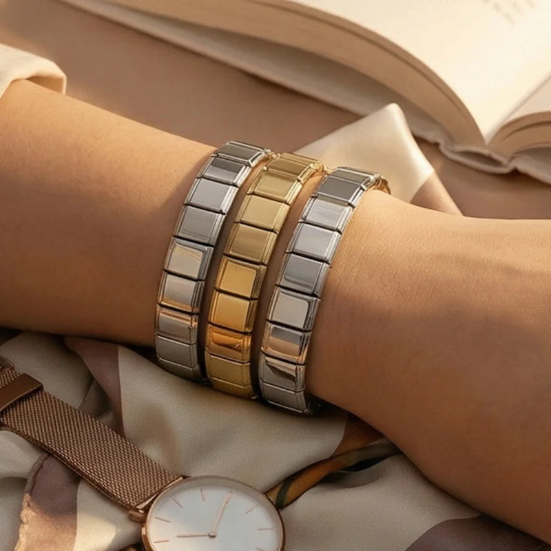Fashion Wholesale High Quality Couple's Y2K Jewelry DIY 9MM Width Italian Elastic Bracelet Solid Color Stainless Steel Bangle Qme