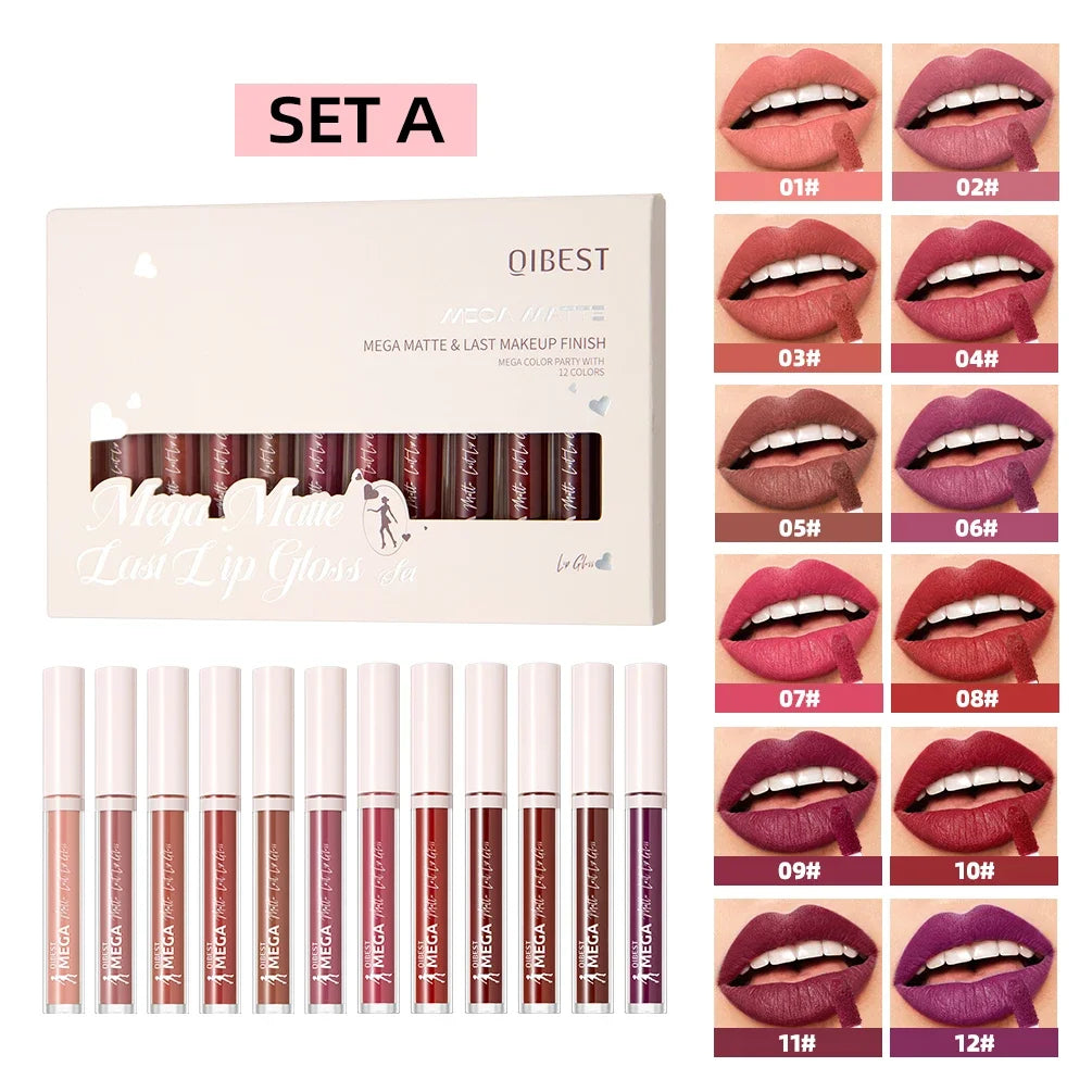 QIBEST 12PCS Matte Liquid Lipstick Sets High-Pigment Long-Lasting Velvet Lip Gloss Nude Purple Lip Mud Makeup Kit Lip Stain Tint Qme 12 Colors Set A