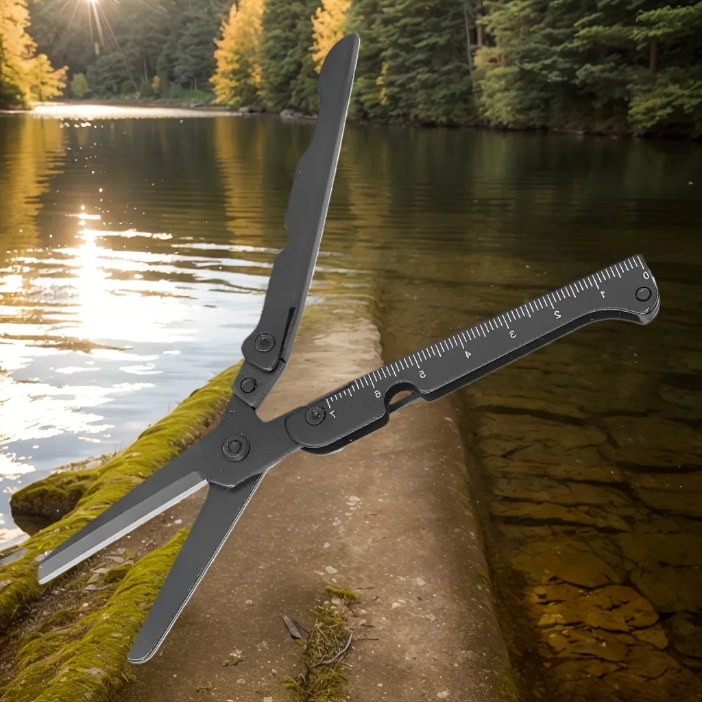 Compact 2-in-1 Foldable Scissor Tape Measuring Ruler-Stainless Steel, Lightweight, Portable, Suitable for EDC Camping, Survival Qme Black-1pc