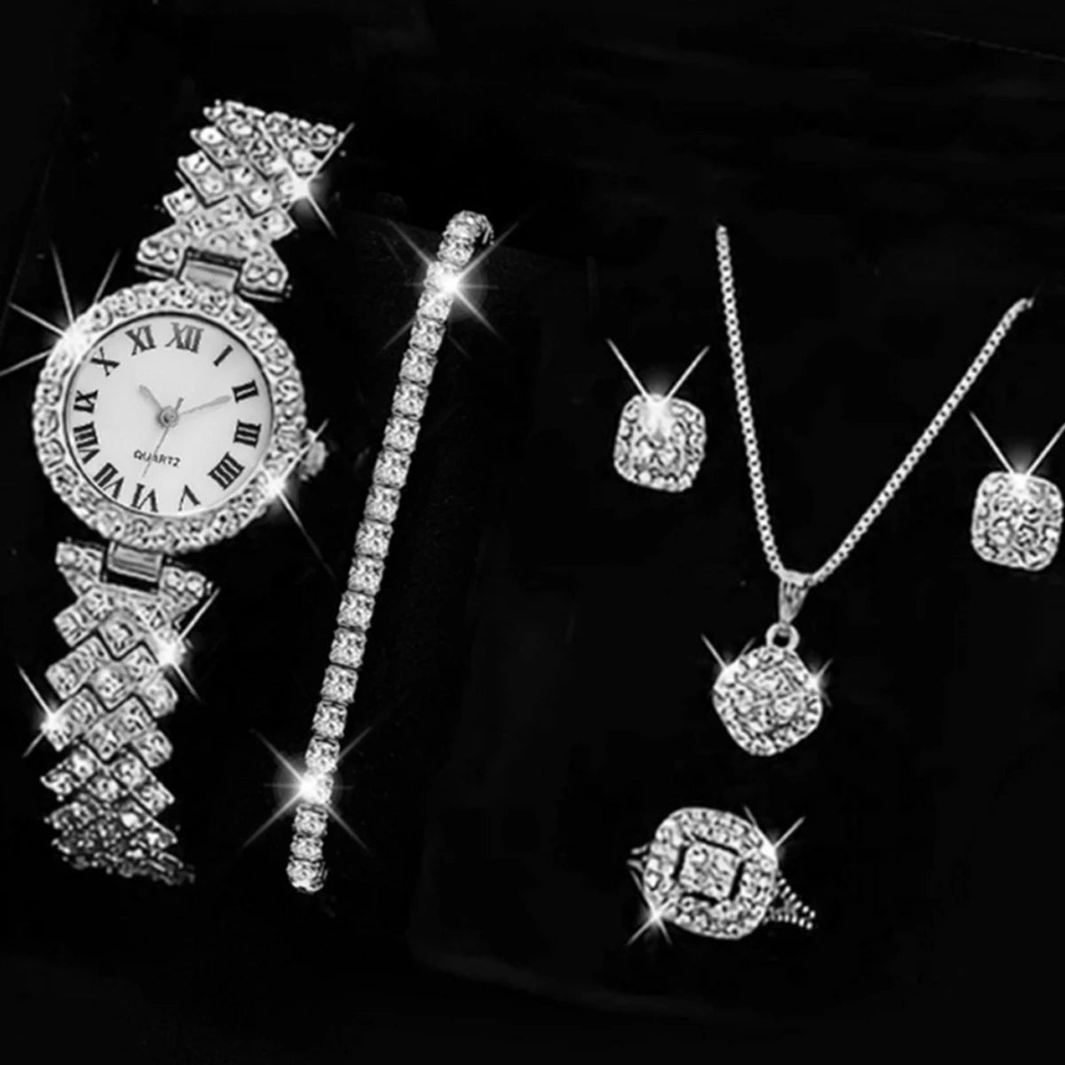 1 pcs women's Roman watch alloy diamond quartz watch set with 5 pcs of accessories for women Qme Silver set 2