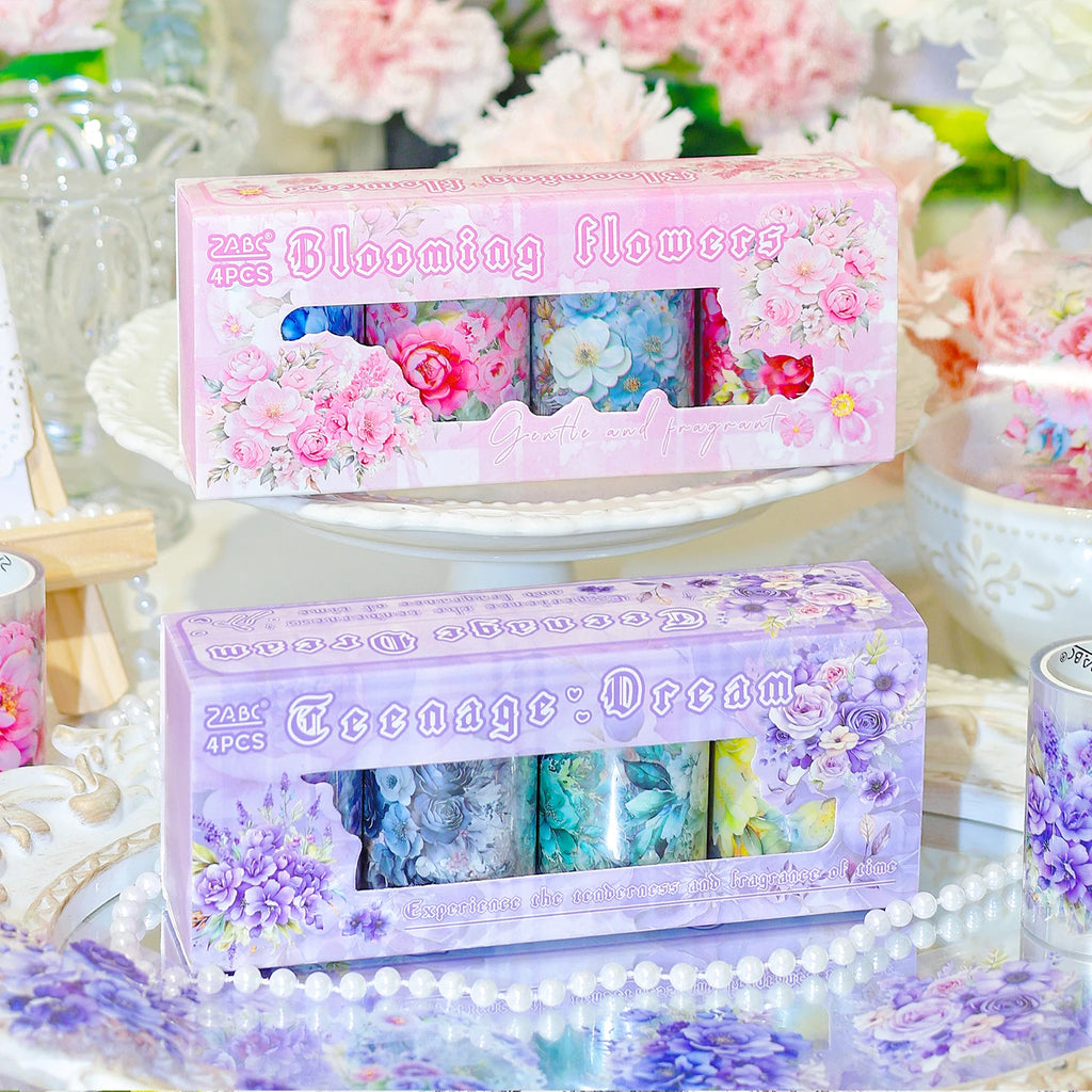 4Rolls/2m Laser Blue Red Flower Japanese PET Tape Set Decorative Masking Tape Scrapbooking Stickers Journal Aesthetic Stationery Qme
