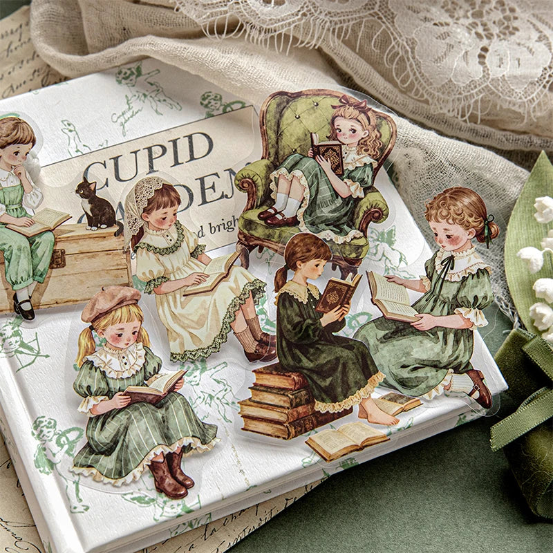 European Vintage Girl Reading Sticker Book, Artistic Decor Material for Journal Collage, High-Value Creative Supply Qme