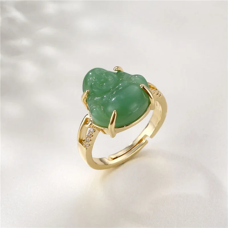 Maitreya Buddha Natural Jade Ring Tunable Religious Blessing Ring for Men and Women Buddhist Fashion Jewelry Accessories Gifts Qme