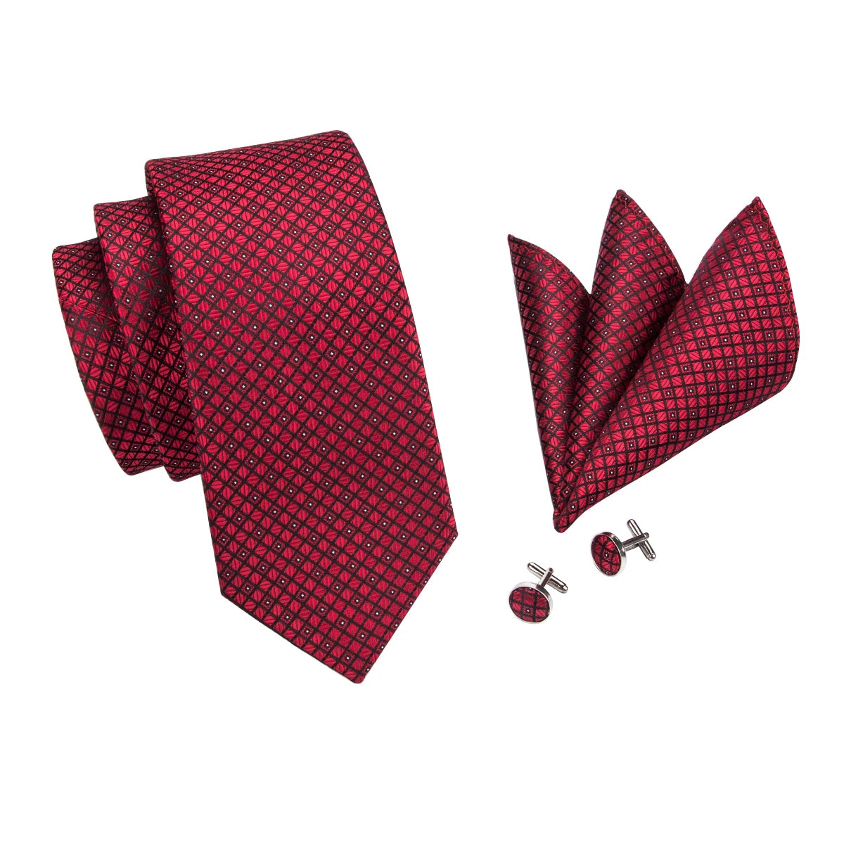 Hi-tie Designer Red Burgundy Plaid Wedding Tie Men Handky Cufflink Qme