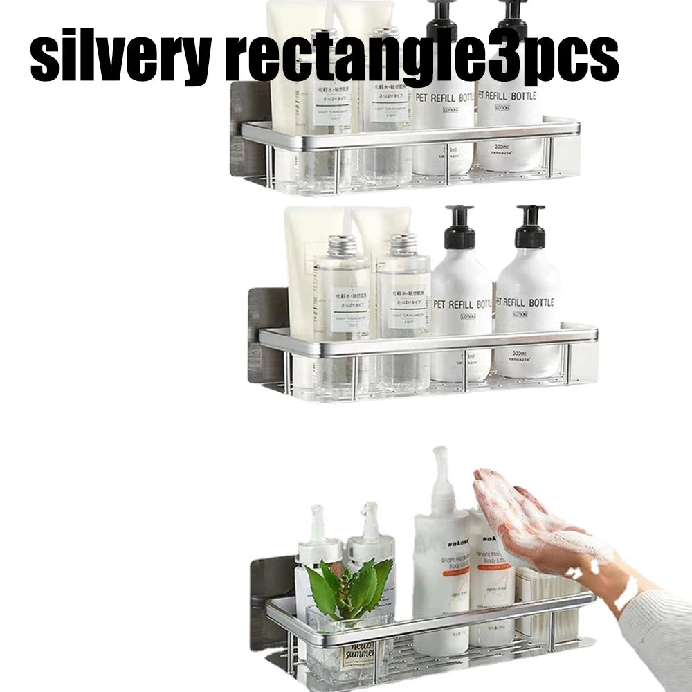 High Quality Wall Mounted Rectangular Rack Bathroom Storage Rack Towel Rack Wall Shower Shampoo Rack Drill Free Rack Tripod Qme Silver-B-3PCS
